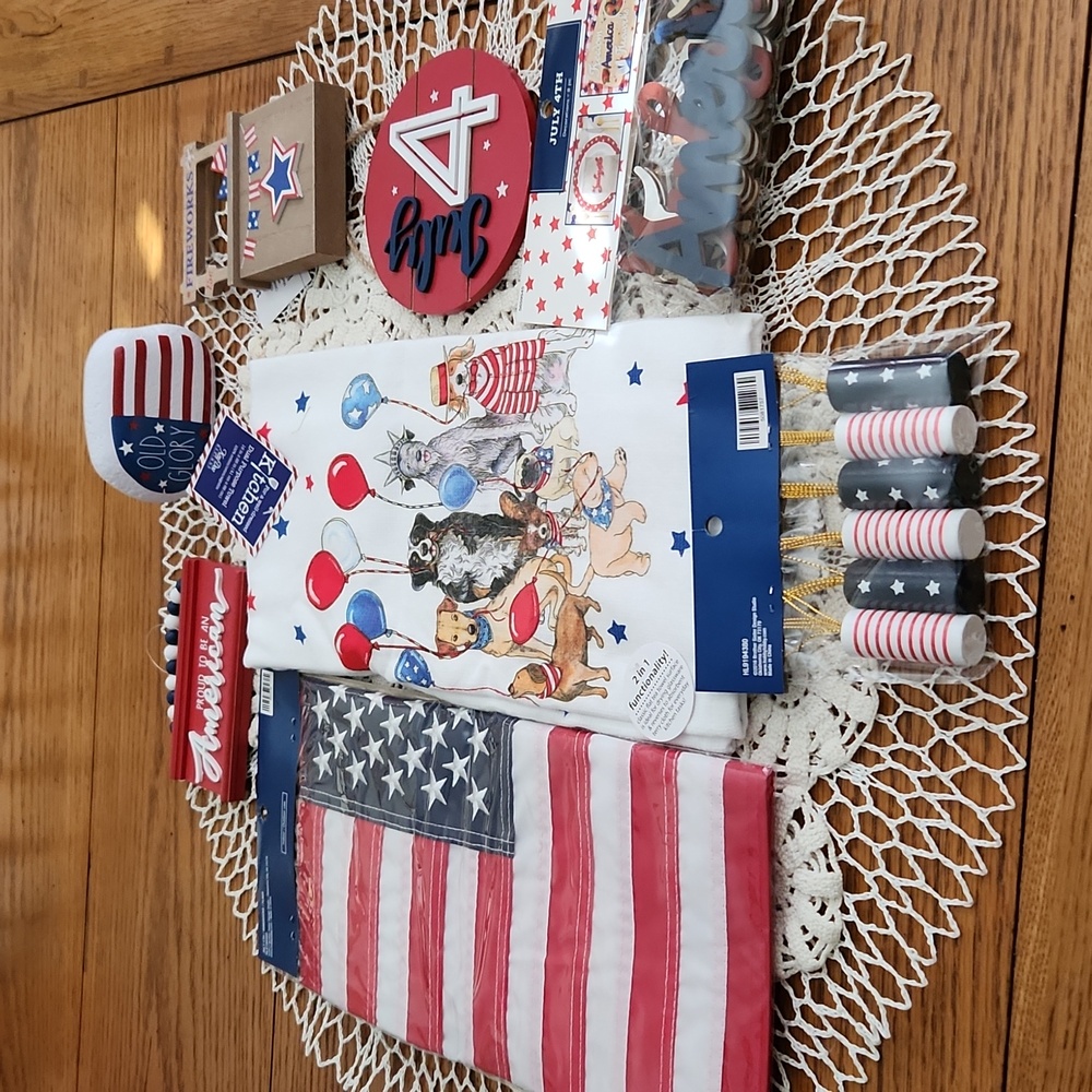 250 Year RED, WHITE, BLUE, Bundle 8 items, garden flag, wooden deco,  dog towel
